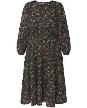 M Com Petite Ditsy Ruffle Insert Long Sleeve Dress - Black