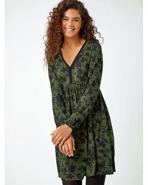 Roman Floral Contrast Trim Stretch Dress - Green