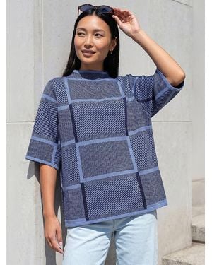 Roman Check Short Sleeve Knit Sweater - Blue