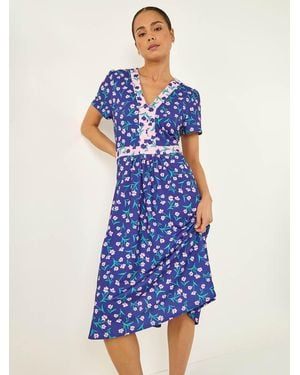 Roman Petite Floral Contrast Stretch Midi Dress - Blue
