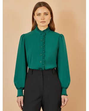 Yumi' Frill High Neck Shirt - Green