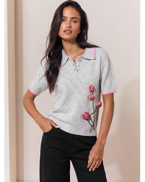 Lipsy Piping 3D Flower Detail Knitted Polo Top - Gray