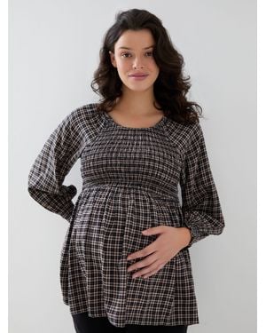 Jojo Maman Bébé Gingham Long Sleeve Shirred Maternity Top - Gray