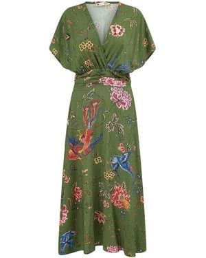 Yumi' Viscose Bird And Floral Print Kimono Midi Dress - Green