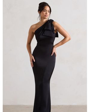 Club L London Lady, Asymmetrisches Satin-Maxikleid Mit Schleife - Schwarz