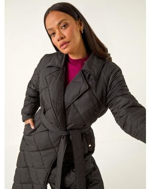 Roman Chevron Wrap Quilted Puffer Coat - Black