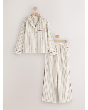 Next Neutral Stripe Embellished Button Through Pajamas - Natural