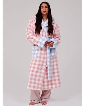 Loungeable Gingham Contrast Cosy Borg Fleece Midi Hooded Dressing Gown - Pink