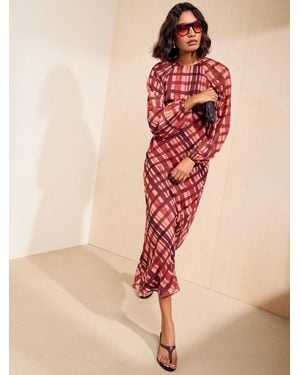 Friends Like These Petite Long Sleeve Check Chiffon Midi Dress - Natural