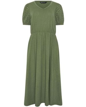 M Com V-Neck Broderie Sleeve Cotton Midi Dress - Green