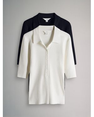The Set Knitted Ribbed Polo Tops - Blue