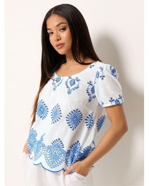 M Com Petite Embroidered Top - Blue