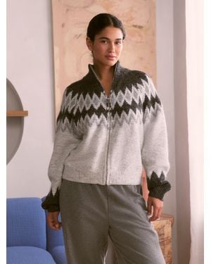 Bath & Body Works Fairisle Wool Blend Knit Zip Through Sweater - Gray
