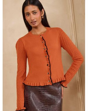 Love & Roses Frill Detail Crew Neck Knitted Cardigan - Orange