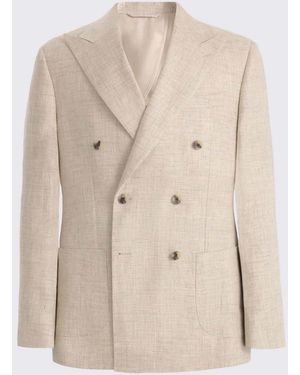 Moss Neutral Double Breasted Tailored Fit Delave Linen Suit Jacket - Natural