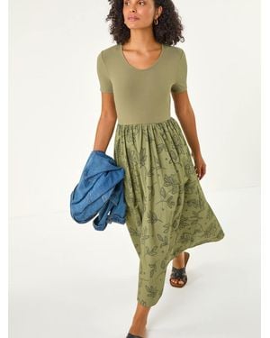 Roman Floral Print Pocket Midi Dress - Green