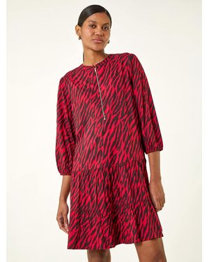 Roman Animal Print Zip Front Dress - Red
