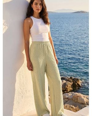 Roman Textured Wide Leg Stretch Pants - Blue