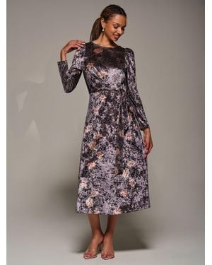 Jolie Moi Long Sleeve Velvet Tie Detail Midi Dress - Purple