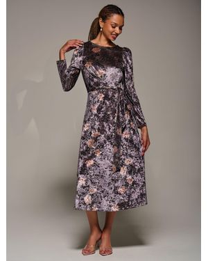 Jolie Moi Long Sleeve Velvet Tie Detail Midi Dress - Purple