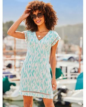 Sosandar Abstract Print Lace Trim Linen Blend Dress - Blue