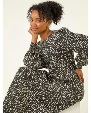 Roman Print Shirred Midi Dress - Black