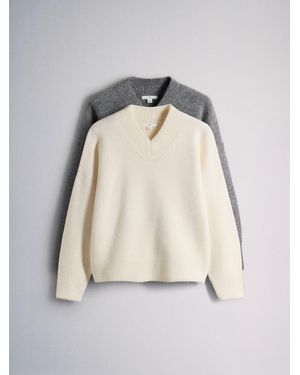 The Set 2 Pack Brushed V-Neck Sweaters Cloud Dancer/Cream Charcoal - Natural