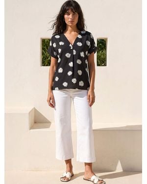 Roman Daisy Print Pleat Front Top - Natural