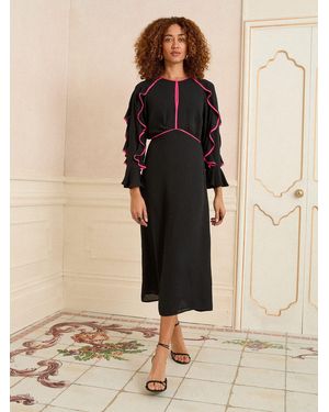 Love & Roses Ruffle Contrast Trim Midi Dress - Natural