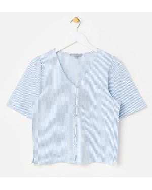 Oliver Bonas Striped Button Up Short Sleeve Blouse - Blue