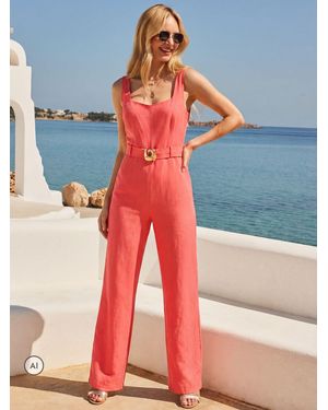 Sosandar Linen Blend Belted Square Neck Jumpsuit - Blue