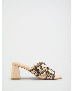 Love & Roses Love & Roses Palm Tree Embroidered Raffia Flared Block Mid Heel Mule Sandals - Natural