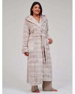 Loungeable Embossed Stripe Luxury Fleece Maxi Hooded Dressing Gown - Brown