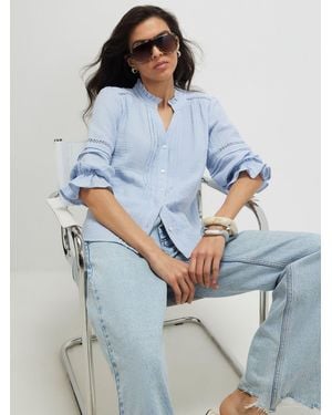 River Island Cotton Frill Sleeve Pintuck Blouse - Blue