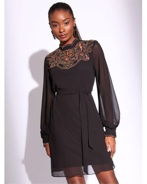 Lipsy Petite Sequin Embellished Cut Out Artwork Long Sleeve Mini Shift Dress - Black