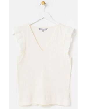 Oliver Bonas Ribbed V-Neck Frill Sleeve Top - White