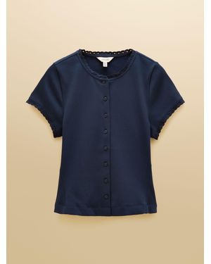 Joules Lila Short Sleeve Ribbed Button Front Jersey Top - Blue