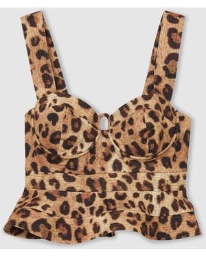 Reiss Rema Neutral Cotton Leopard-Print Bustier Top - Brown