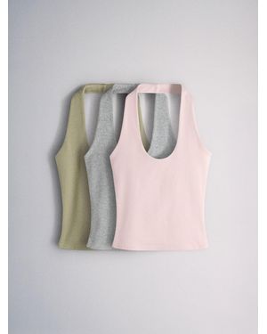 The Set 3 Pack Halter Neck Tops Light/ Marl/Khaki - Pink