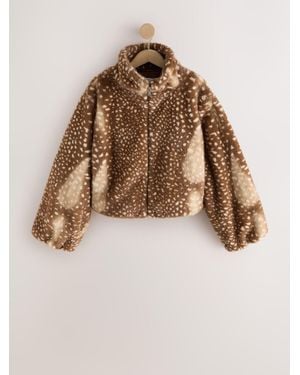 Next Print Faux Fur Funnel Neck Zip Through Deer Jacket - Natural