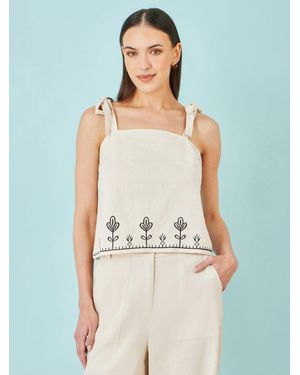 Yumi' Linen Mix Embroirdered Top - Natural