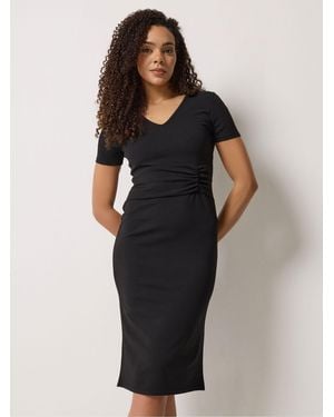 M Com Gathered Waist V-Neck Dress - Black