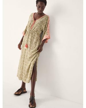 Monsoon Elma V-Neck Moroccon Tiles Print Cropped Sleeve Midi Beach Dress - Natural