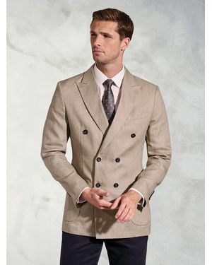 Brook Taverner Tailored Fit Pure Linen Peak Lapel Double Breasted Jacket - Natural