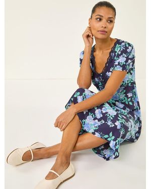 Roman Floral Lace Trim Midi Dress - Blue