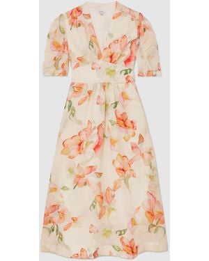 Reiss Floral-Print Waisted Midi Dress - White