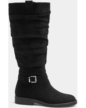 Yours Curve Faux Suede Buckle Detail Knee High Boots - Black