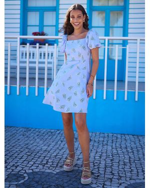 Yumi' Cotton Floral Puff Sleeve Skater Dress - Blue