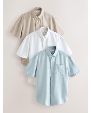 Next Cotton Linen Blend Short Sleeve Shirts 3 Pack - Blue