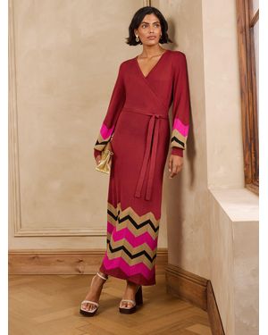 Love & Roses Wrap Front Zig Zag Striped Knitted Midi Dress - Red